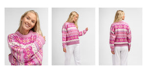Modellfoto av kvinne i rosa Dale of Norway-genser – profesjonell produktfotografering og e-commerce bilde levert av Orkestra for økt synlighet og salg.